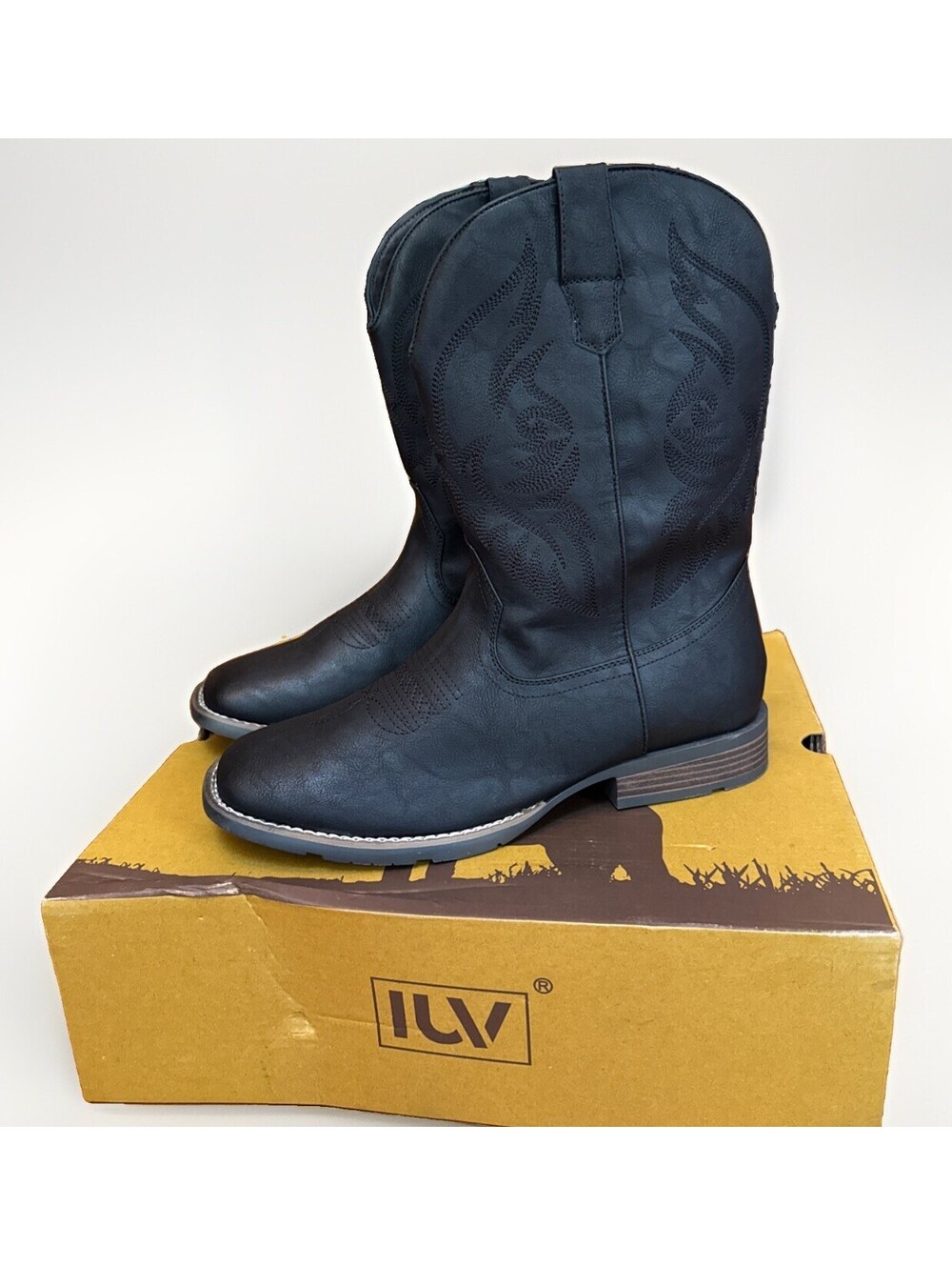 NEW Men’s IUV Cowboy Western Square Toe Black Mid. Calf Boots Size 10